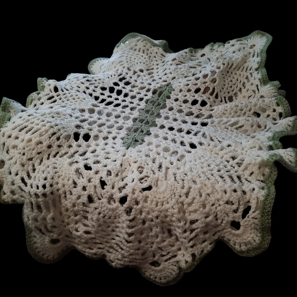 Handmade Crochet Blanket with Green Trim 46x50